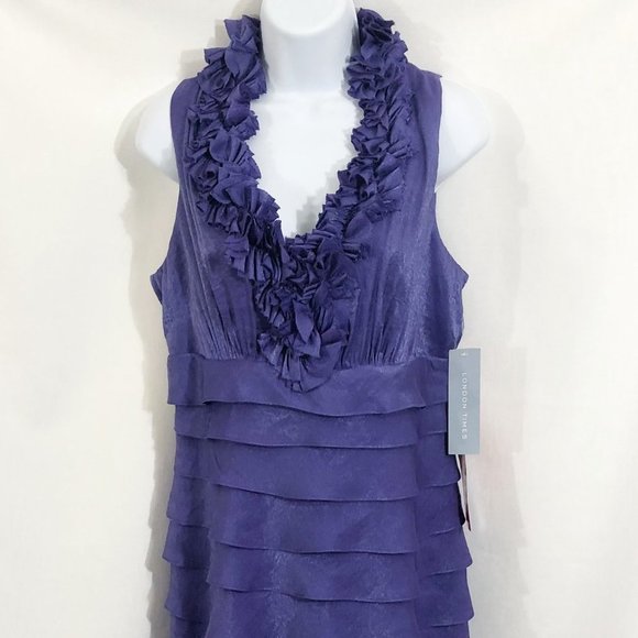London Times Sheath Dress Size 10 Ruffle Trim Tiered Purple V Neck - Picture 3 of 8